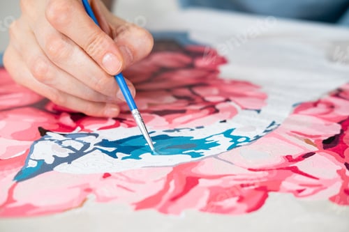 Preview: Painting by numbers. Painting on canvas for beginners. Creative hobby. Selective focus.