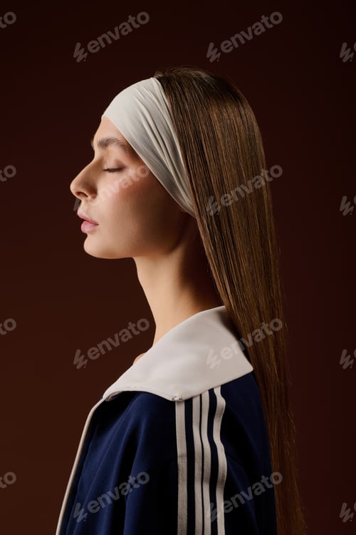 Preview: Stylish young athlete showcases confidence in a chic brown studio setting