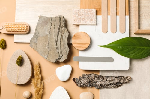 Preview: Flat lay of creative moodboard composition, top view
