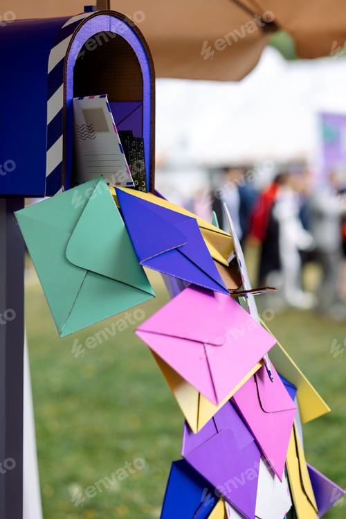 Preview: Colorful paper envelopes fly out of mailbox. Bright banner design, multicolored background