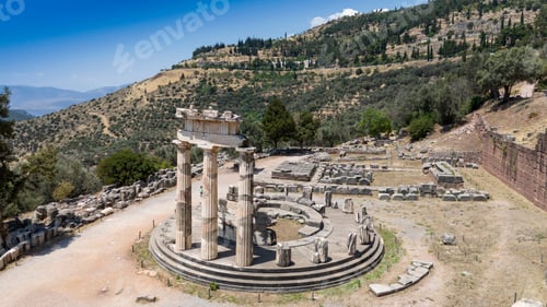 Preview: Aerial bird's eye view photo taken by drone of archaeological site of ancient Delphi.