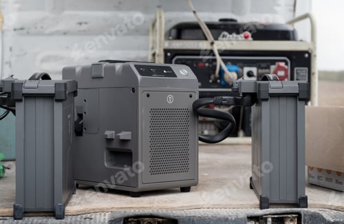Preview: charging station of two agrodrone sprayer batteries from a generator
