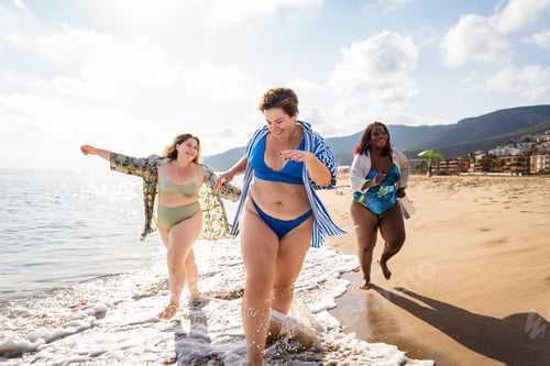 Preview: Group of plus size women with swimwear at the beach