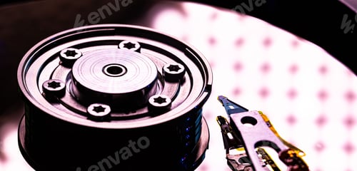 Preview: Close up shot of the inside of the magnetic Hard Disc Drive