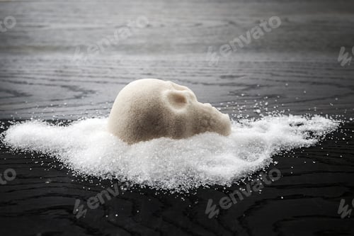 Preview: A skull-shaped sugar mound on a wooden surface symbolizing the concept of unhealthy diet