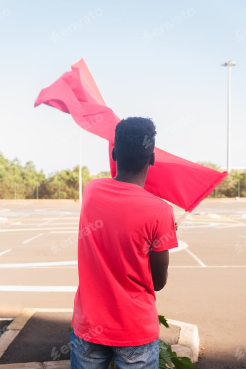 Preview: Unrecognizable young man waving his team's flag from behind