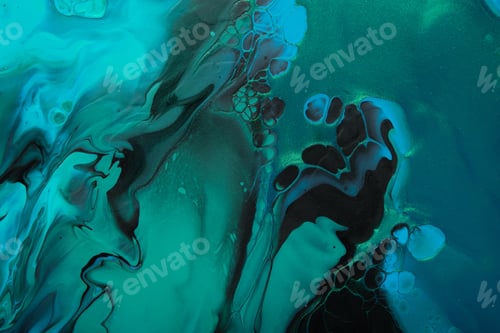 Preview: Fluid Art. Metallic Green and blue abstract waves with golden particles on black background