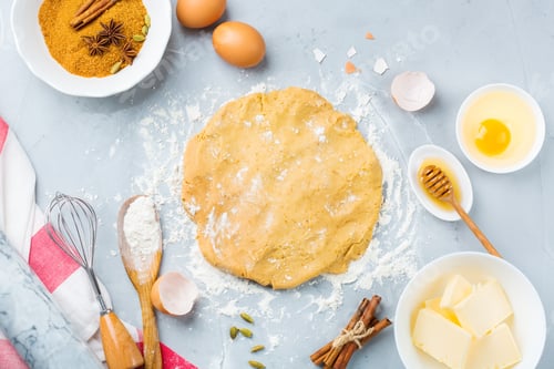 Preview: Baking cooking ingredients on a kitchen table