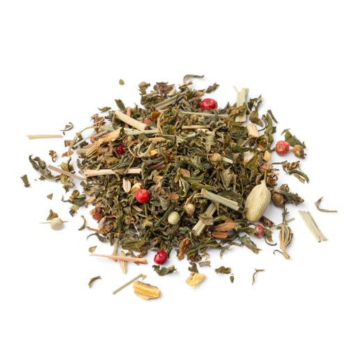 Preview: Heap of a mixture healthy herbal tea close up on white background