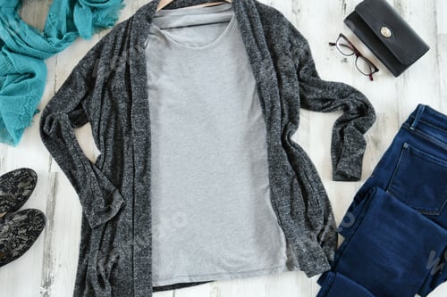 Preview: Grey long sleeve t-shirt tee mock up flat lay blue jeans gray sweater scarf winter fall fashion