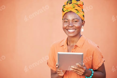 Preview: Black woman, tablet and marketing, advertising portrait with technology mockup against orange studi