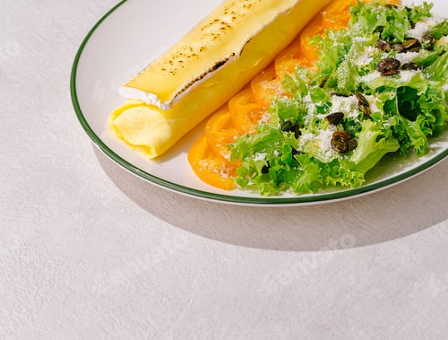 Preview: Delicious dish with rolled omelet and fresh salad on a clean plate