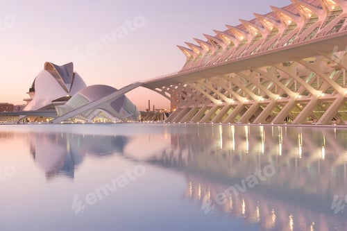 Preview: Modern architecture marvel reflecting in tranquil waters at dusk