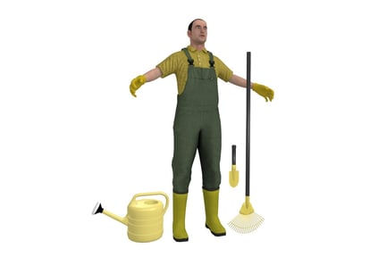 Предпросмотр: Взрослый садовник с граблями, шпателем и лейкой