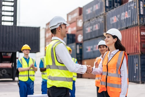 Preview: Group of attractive male and female worker work in container terminal.