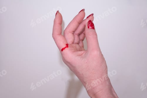 Preview: woman cut her hand with paper and gift wrapping red blood on her hand