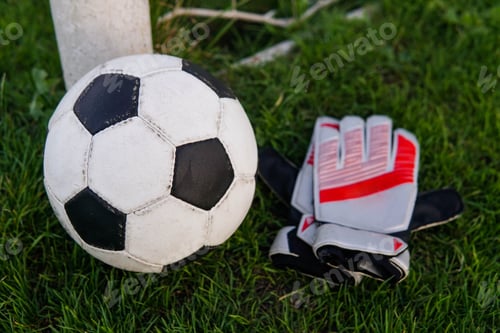 Preview: Soccer ball and goalkeeper gloves on football field.