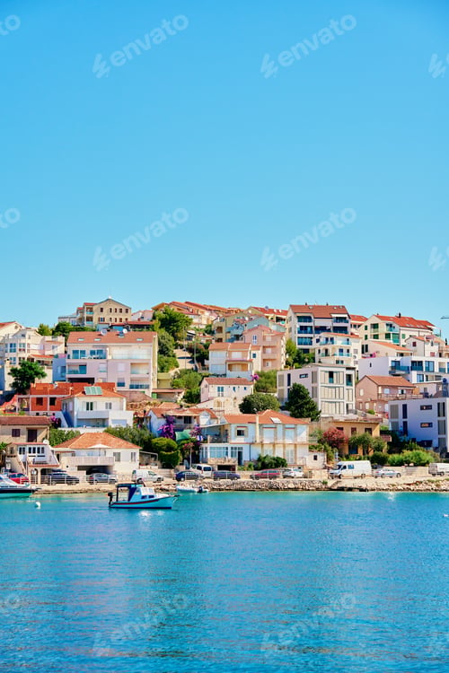 Preview: Seaside Town with Colorful Houses and Boats. Cityscape of Rogoznica, Croatia