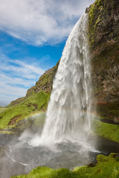 Preview: Picturesque Seljalandsfoss waterfall. Eyjafjalajokul zone landmark. South area. Iceland