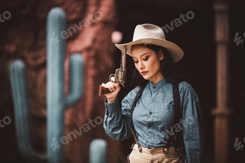 Preview: Cowboy posing shooting rifle by gun on hand to show protected weapon wearing cowboy dresser and hat