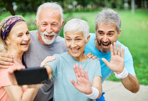 Preview: outdoor senior fitness woman man lifestyle active sport exercise healthy fit retirement selfie