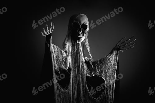 Preview: Mysterious creature with skull in smoke under the blue night light for Halloween