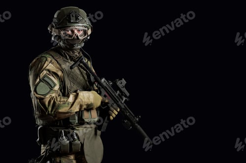 Preview: Special Unit Soldier Stands With A Gun In His Hands And Looks Ahead. Mixed Media