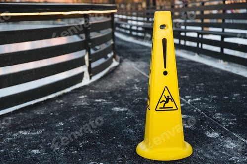Preview: Close up shot of yellow warning sign stands on gray asphalt covered with snow