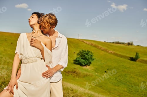 Preview: redhead man in sunglasses embracing elegant asian bride on green meadow, tranquil rustic wedding