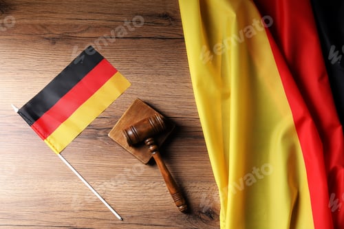 Preview: Judge's gavel and flags of Germany on wooden table, top view