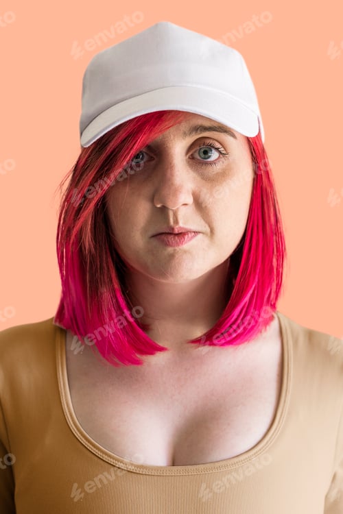 Preview: Pink hair woman in white cap mockup
