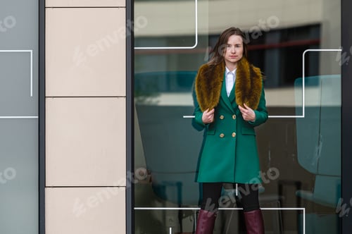 Preview: portrait of an elegantly dressed business woman near a glazed building in the financial district