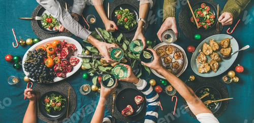 Preview: Company of friends or family celebrating Christmas together, top view