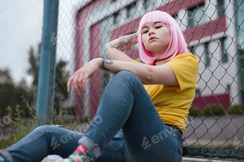 Preview: Confident Asian teenager leaning on fence