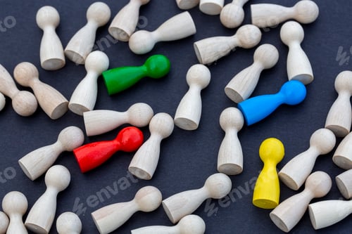 Preview: To be different, to be a leader, to lead. icon expression with colorful wooden figures.