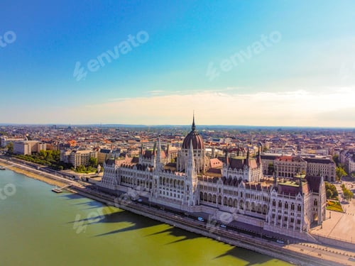 Preview: Aerial view of Hungarian Parliament Building reflecting on the river in Hungary