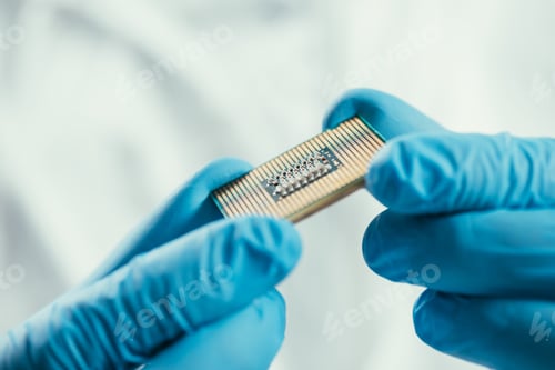 Preview: cropped view of engineer in rubber gloves holding computer microchip
