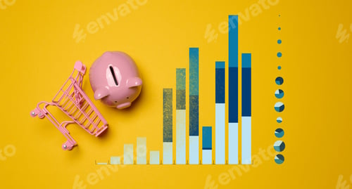 Preview: Ceramic piggy bank and graph with growing indicators on a yellow background