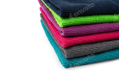 Preview: a stack of multicolored, microfiber cloths, for cleaning