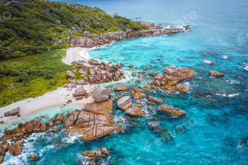 Preview: Aerial view of Seychelles tropical Marron beach at La Digue island. White sand beach with turquoise