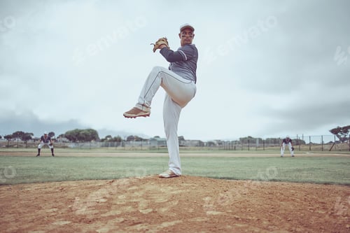 Preview: Baseball pitch, athlete an man from Guatemala ready to throw for exercise, training and game workou