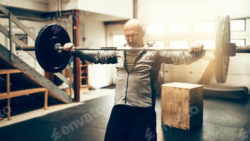 Preview: Mature man preparing to drop his barbell at the gym