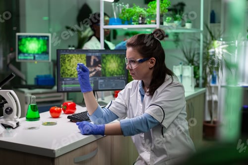 Preview: Botanist researcher doctor analyzing glass with leaf sample