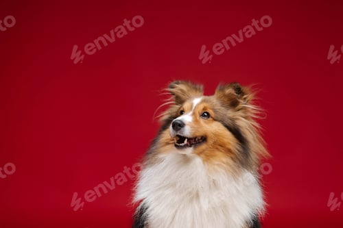 Visualização: Raça de cão pastor de Shetland em fundo vermelho em estúdio. Cachorro Sheltie. Treinamento de animais de estimação, cachorro fofo, cachorro inteligente
