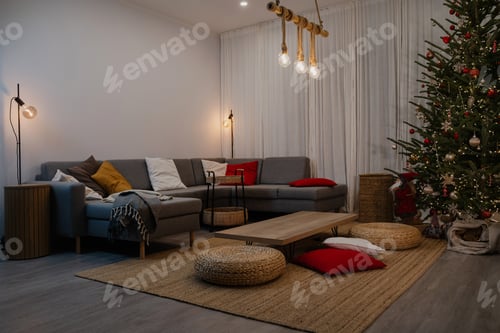 Preview: Festive Living Room Decorated for Christmas with Tree and Fireplace