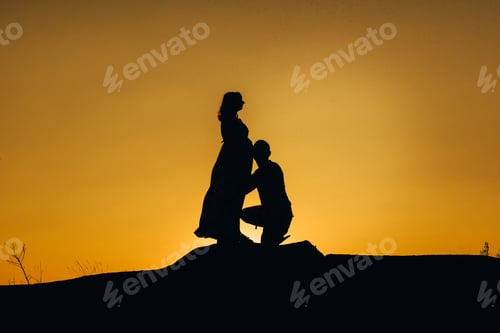 Preview: silhouettes of a happy young happy family against an orange sunset