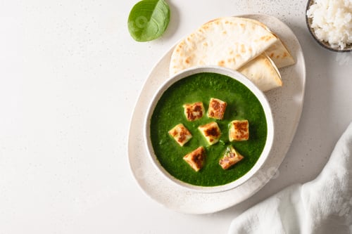 Preview: Palak Paneer served basmati rice on white.