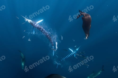 Preview: Striped marlin hunting mackerel and sardines, joined by sea lions
