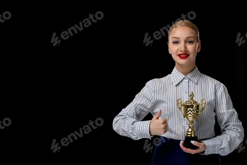 Preview: Business woman blonde happy cute girl holding trophy with red lipstick in office suit