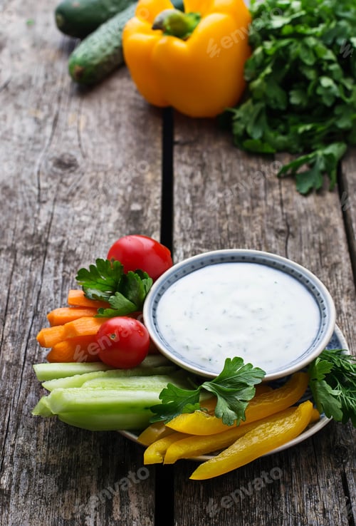 Preview: Fresh vegetables stick and yogurt dip